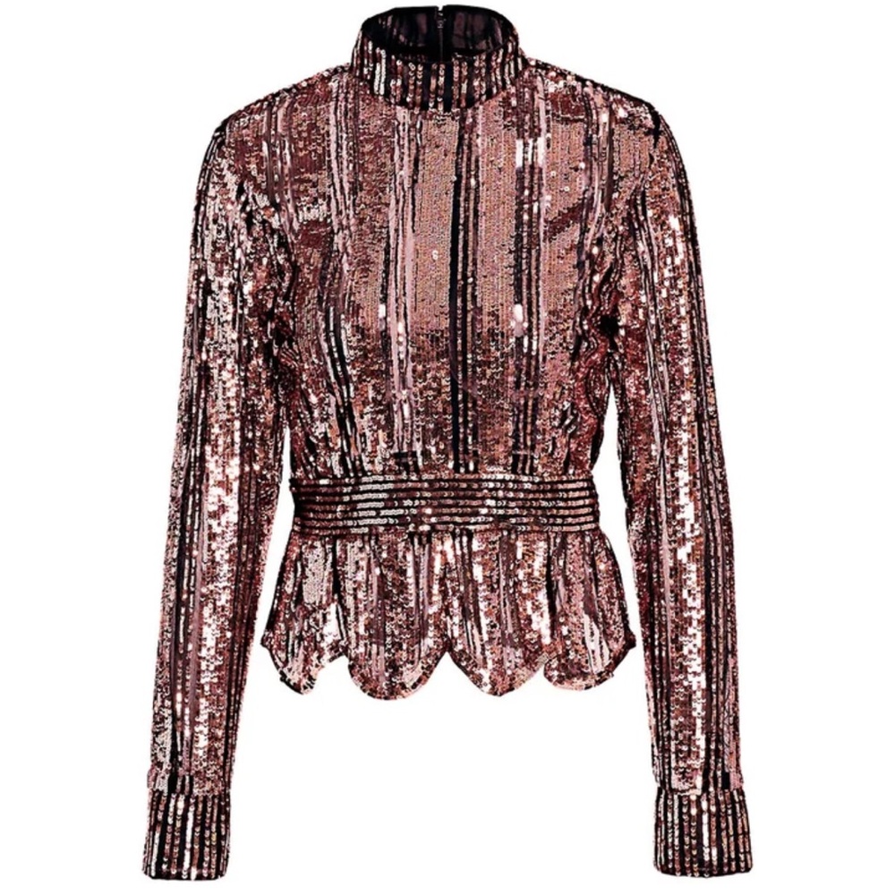 NWT Derek Lam 10 Crosby Sequin Mock-Neck Scalloped Peplum Top Blouse Rose Gold